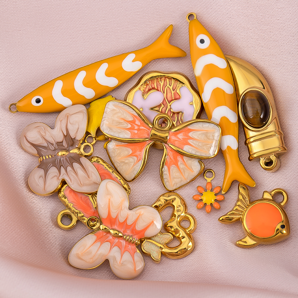 Butterfly Pendant Necklace - 2pcs Stainless Steel Enamel Orange Color
